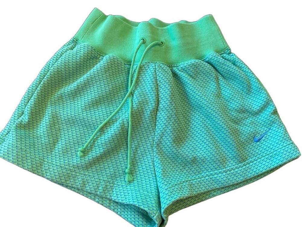 Nike Sportswear AOP Mini Swoosh Fleece Shorts Womens Size XS Green Blue